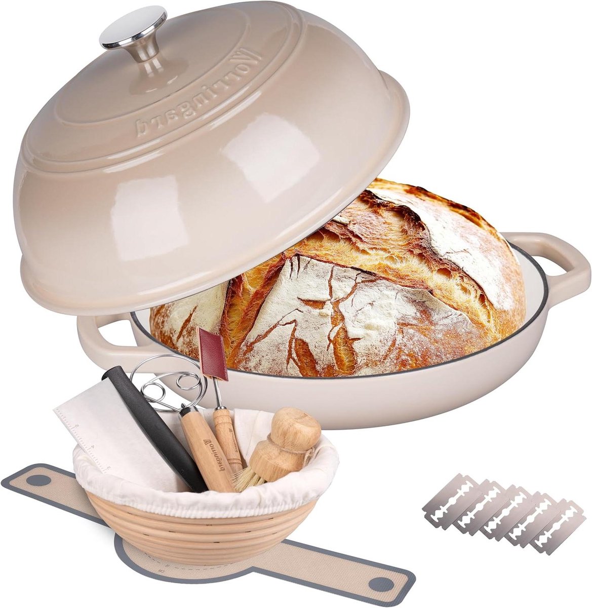 Gietijzeren Hollandse Oven - Broodpan Deksel - Zuurdesem Brood Bakken - Inclusief Bakbenodigdheden - 6 Quart - Latte