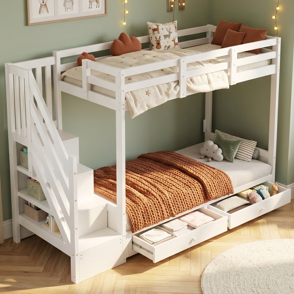 MIVRAY Stapelbed 90x200 cm - Kinderbed Met Trapkast en 2 Lades Zonder Matras - Met Verstelbare Onderbank en Opbergruimte - Hout en MDF - Wit
