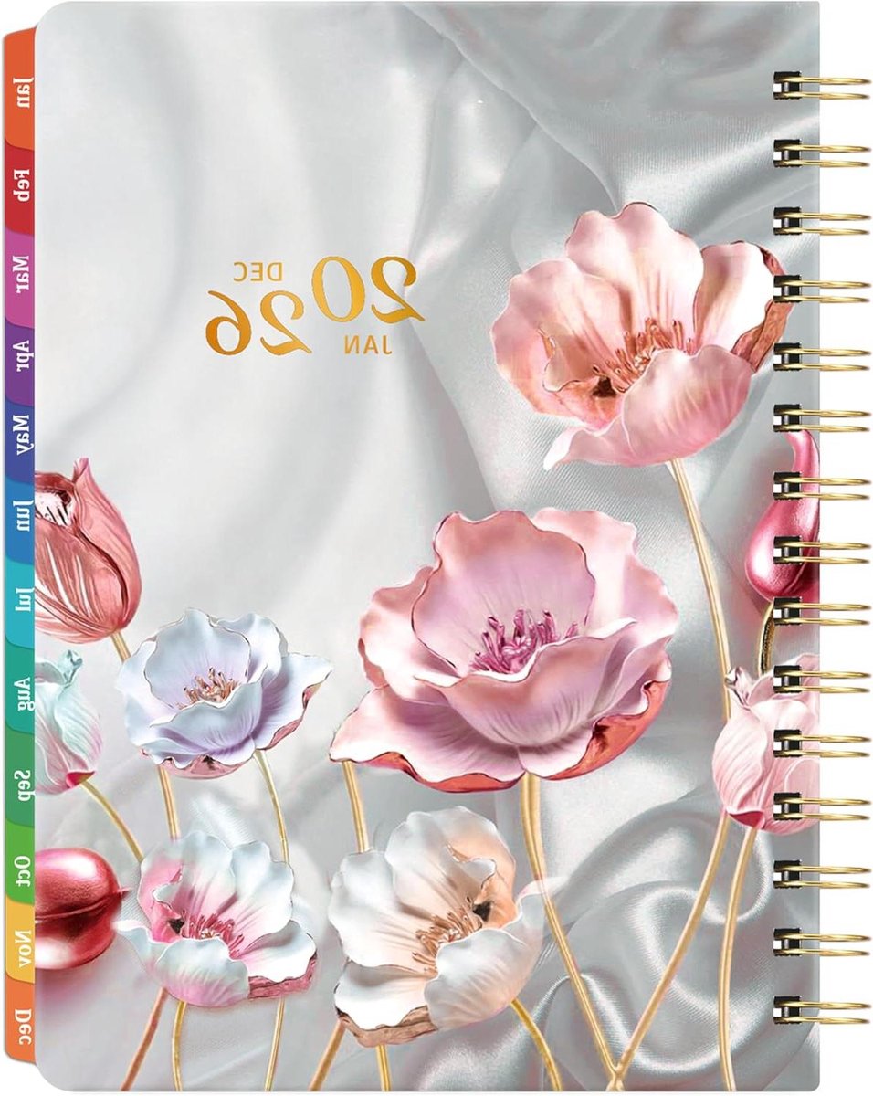 Agenda 2024-2025 - Planning Kalender - Dagelijkse Planning - Maandelijkse en Wekelijkse Overzichten - 16 x 20 cm - Roze Bloem