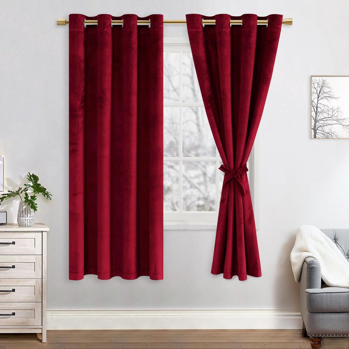 Fluwelen verduisteringsgordijnen, set van 2, zachte ondoorzichtige gordijnen met oogjes voor slaapkamer, 140 x 175 cm (breedte x hoogte), wijnrood