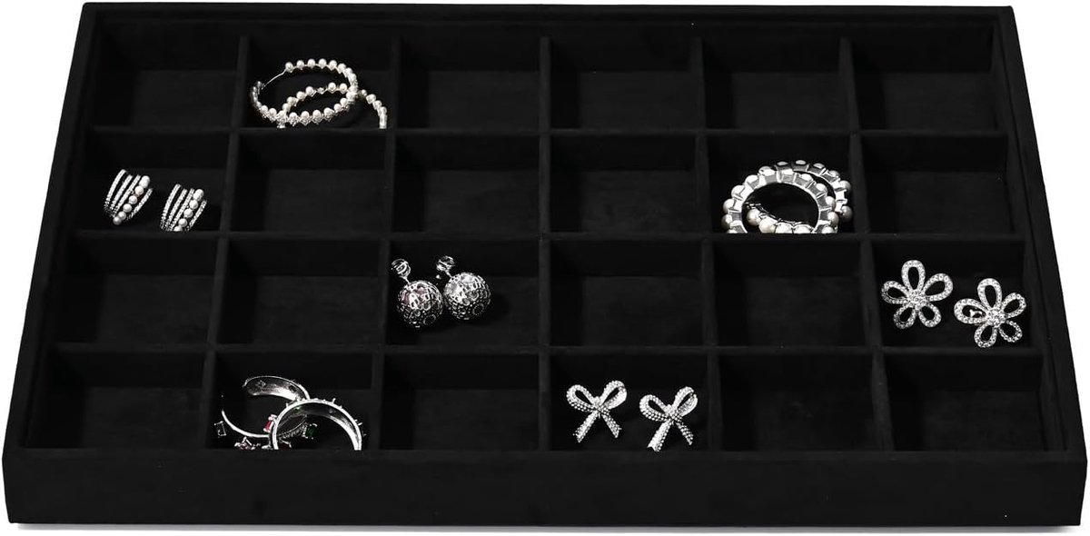 Zwart Microvezel Stapelbaar Sieradendoosje 24 Vakjes Sieraden Display Tablett Trinket Oorbel Ring Organizer Tablett