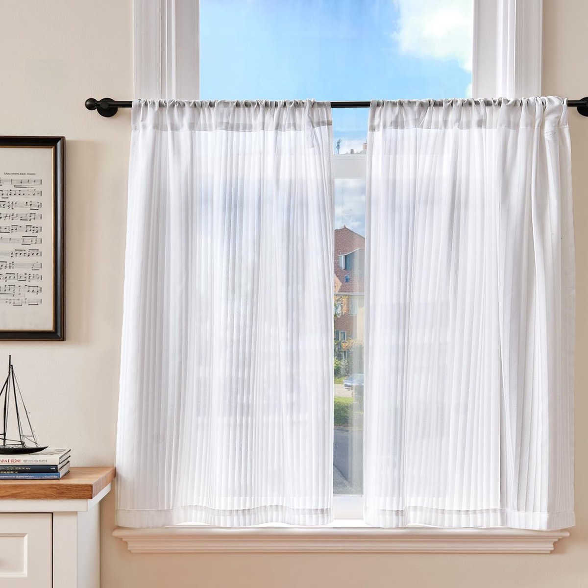 Gordijnen voor ramen modern woonkamer Bistrogordijnen set van 2 Keukengordijnen Gordijnen voor ramen, H90xB65 cm Keukengordijnen Landhuisstijl Linnenlook Doorzichtige Gordijnen Kort Wit
