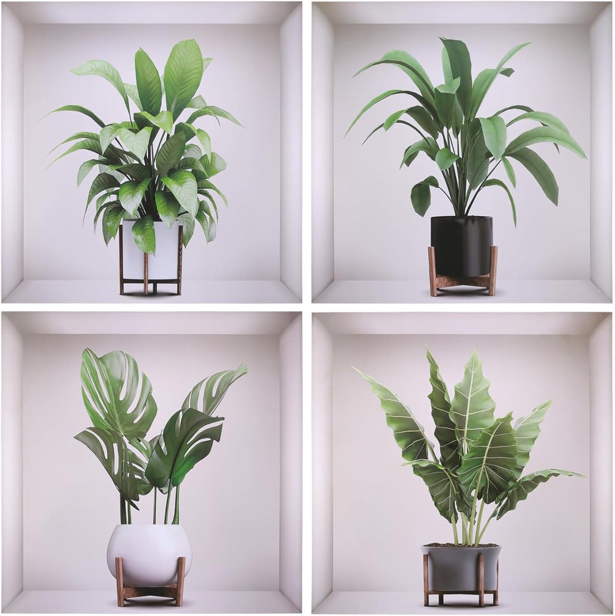 4 stuks wandtattoos, planten, 3D-wandsticker, vaas, zelfklevende muursticker voor slaapkamer, kantoor, keuken, wanddecoratie, 30 x 30 cm