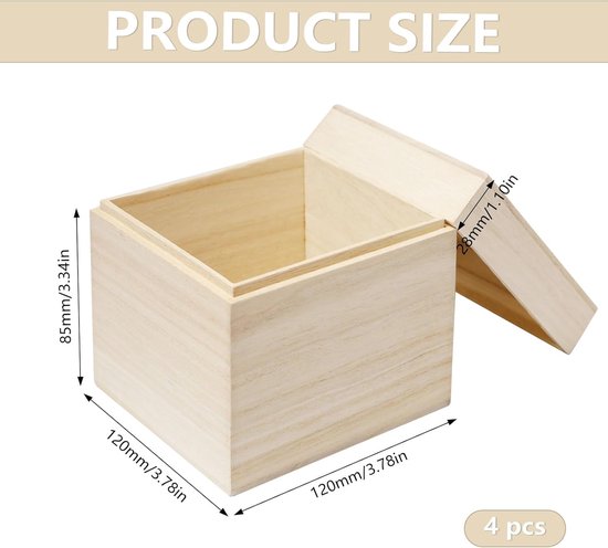 4 stuks kleine vierkante houten kisten van onbehandeld hout met deksel, decoratieve houten kisten voor doe-het-zelf handwerk en containers, 12 x 12 x 11,2 cm — afbeelding 2