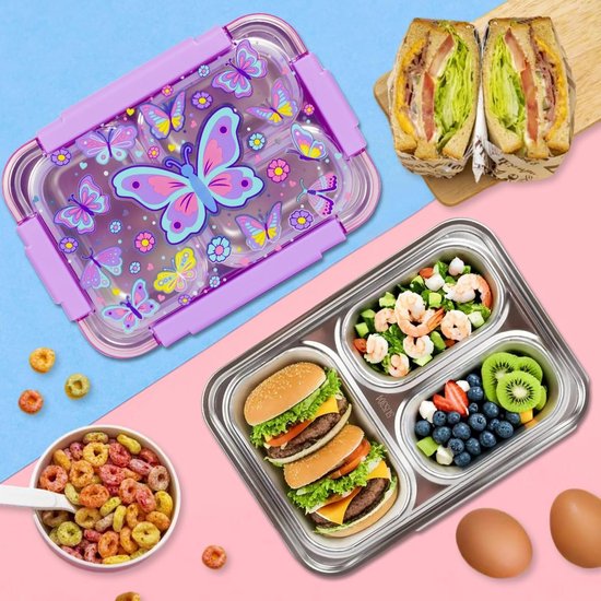 RVS Bento Lunchtrommel met 3 Compartimenten voor Kinderen - Lekvrij en BPA-vrij van rvs — afbeelding 5