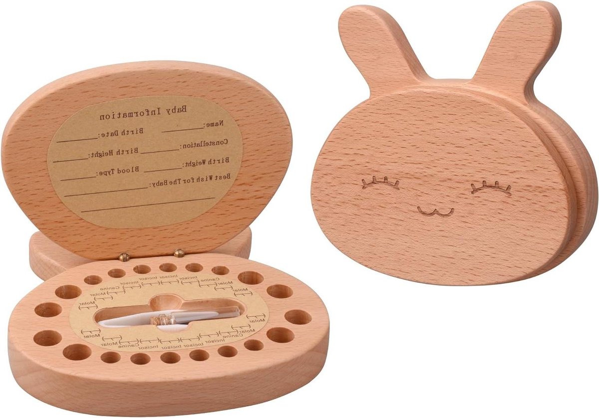 Babytandenbox Hout - Melktandenbewaarder - Herinneringen Bewaren - Handgemaakt Panda Design - 13.7 cm - Konijn