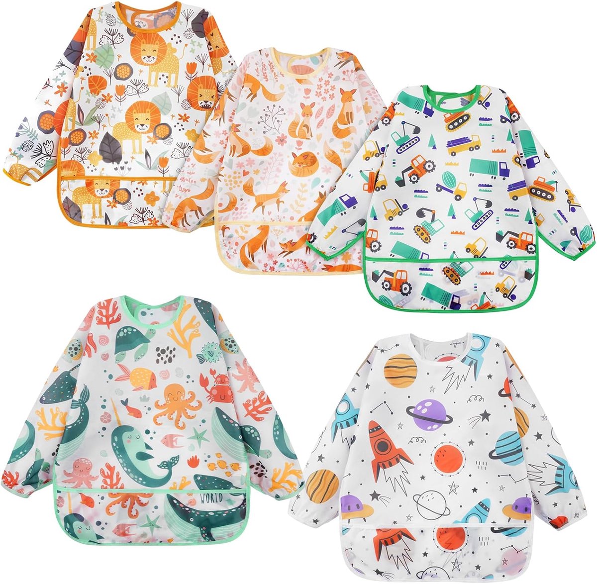 Slabbetjes Met Mouwen, 5 Stuks Waterdichte Slabbetje Met Lange Mouwen Unisex-Slabbetjes, Patronen Geschikt voor Kinderen van 6-36 maanden
