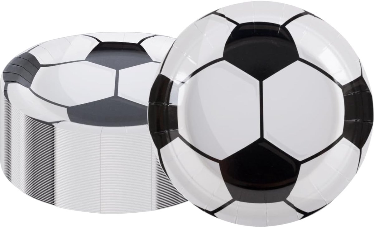 50 wegwerpborden voetbal (23 cm) – dikke verjaardagsborden zwart en wit voor wereldkampioenschap, sportfeest en sportdecoratie
