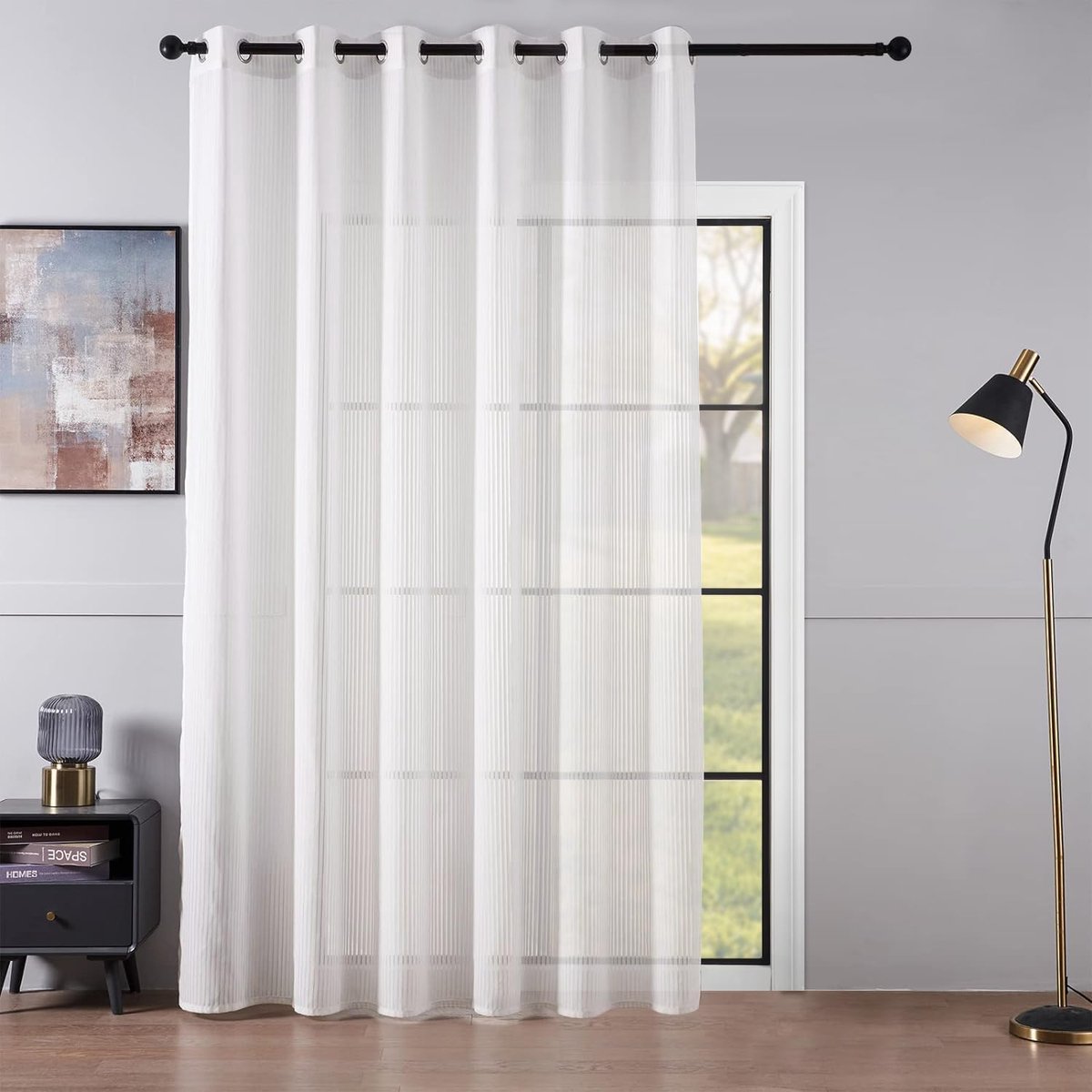 Moderne gordijnen voor thuis, semi-transparante voile gordijnen met ringen, 300 x 240 cm, voor woonkamer, slaapkamer, wit