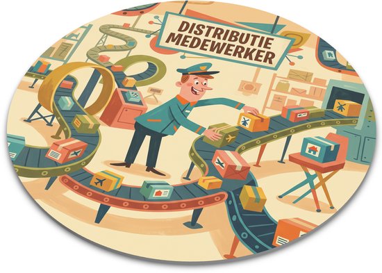 Ronde muismat Distributie Medewerker met pakketten en lopende banden retro magazijn illustratie voor logistiek, bezorging, sorteercentrum en kantoor, cadeau voor logistieke collega