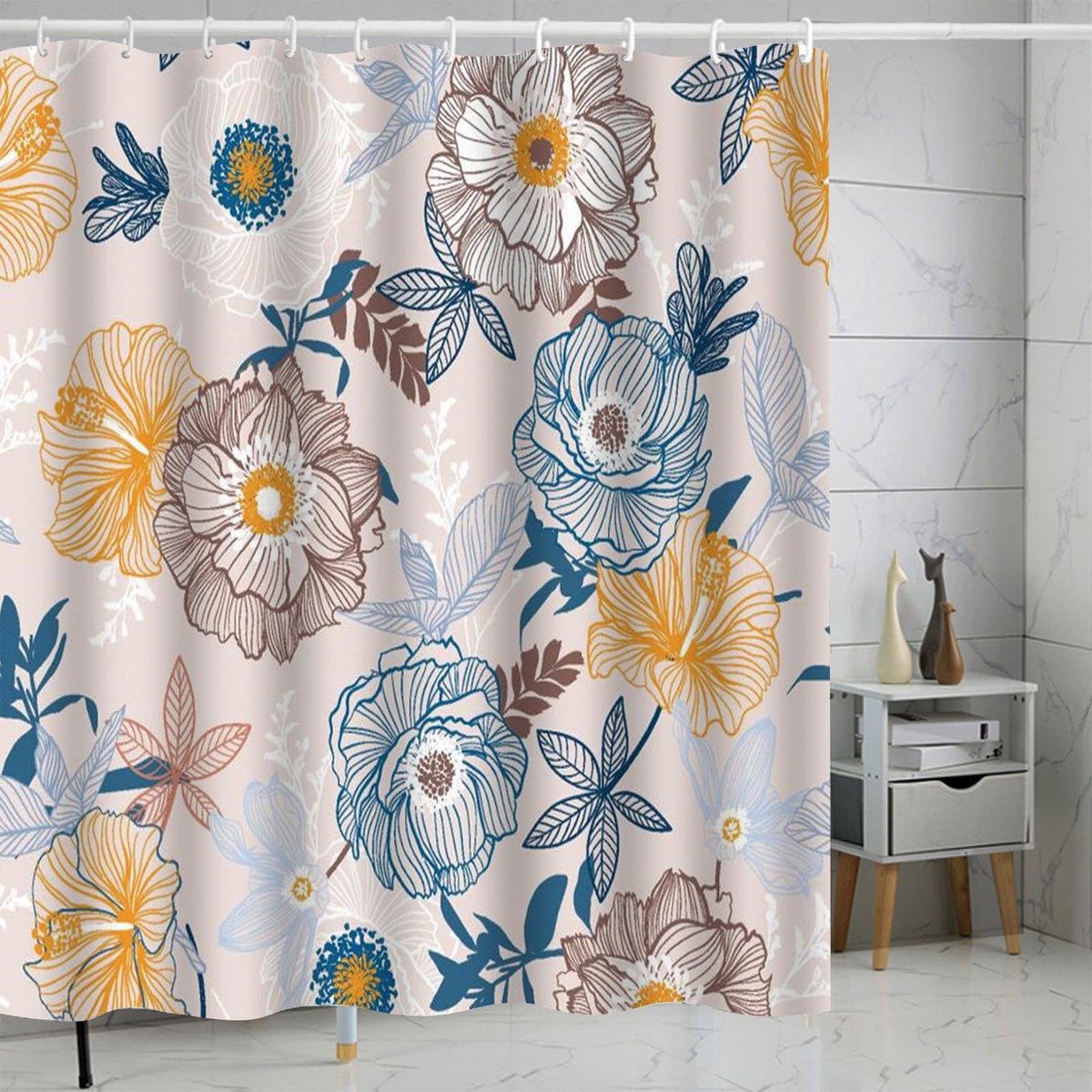 Douchegordijn Nautical stoffen Stof Badkamerdecoratieset met Haken 180 x 180 cm Blauw voor Badkamer Wasbaar en Sneldrogend B8816