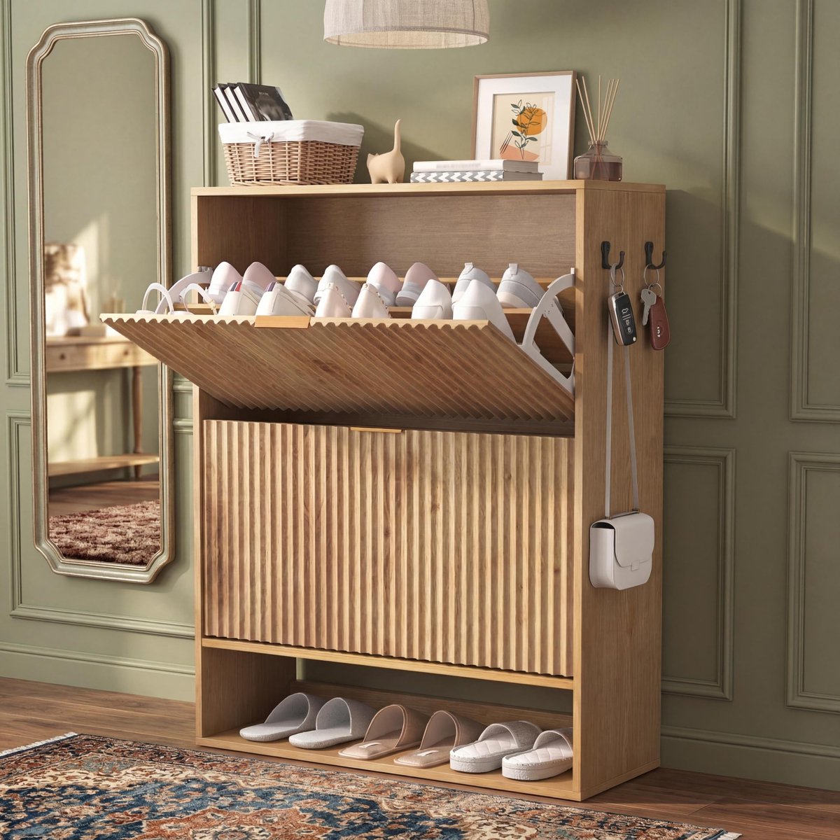 Schoenenkast Smal met 2 Kleppen en Open Onderplank - 80x30x102cm - Schoenenrek Modern - Schoenenmeubel Fluted - Zijhaken - Vrijstaand - Ruimtebesparend - Voor Hal Gang Woonkamer - Houtkleur
