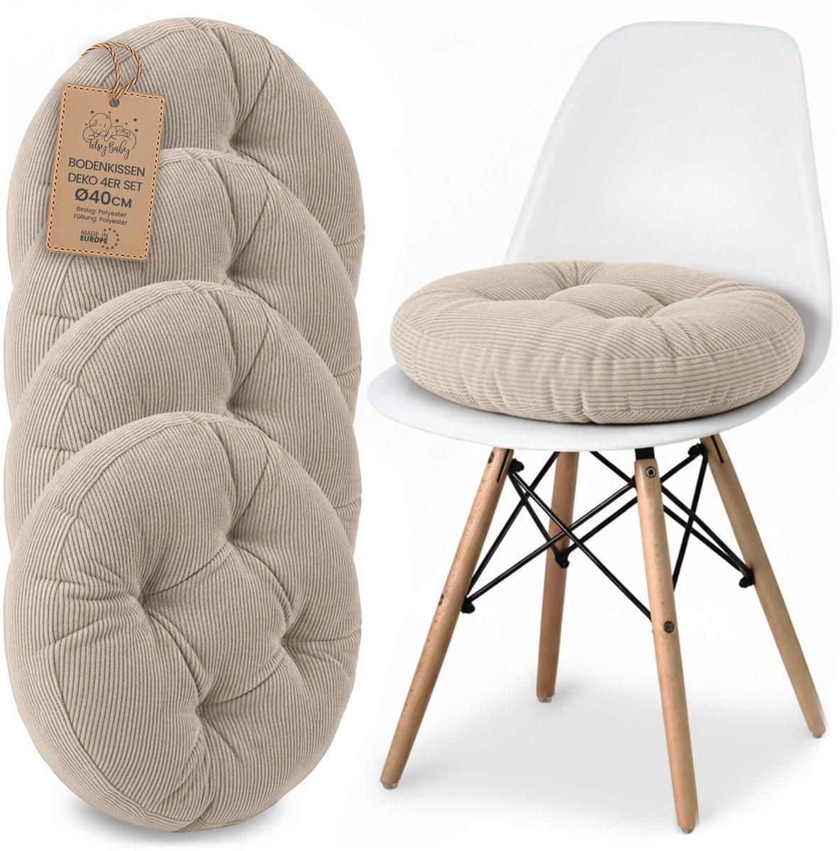 Stoelkussen Ronde Zitting 40 cm - Set van 4 Kussen voor Stoel Binnen Scandinavisch Stijl Comfortabel Zacht Wasbaar Ribfluweel voor Kantoor en Thuis Beige