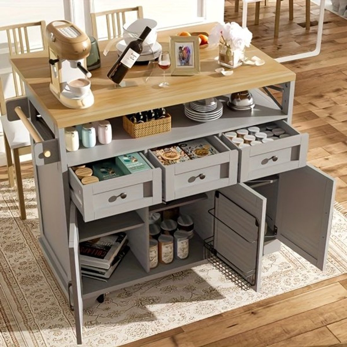 Keukeneiland – Keukentrolley – Serveerwagen – Buffetkast – Keukenkast – Met Wieltjes – Stevig Metalen Frame – Verwijderbare Vakken & Handdoekhouder – Wit
