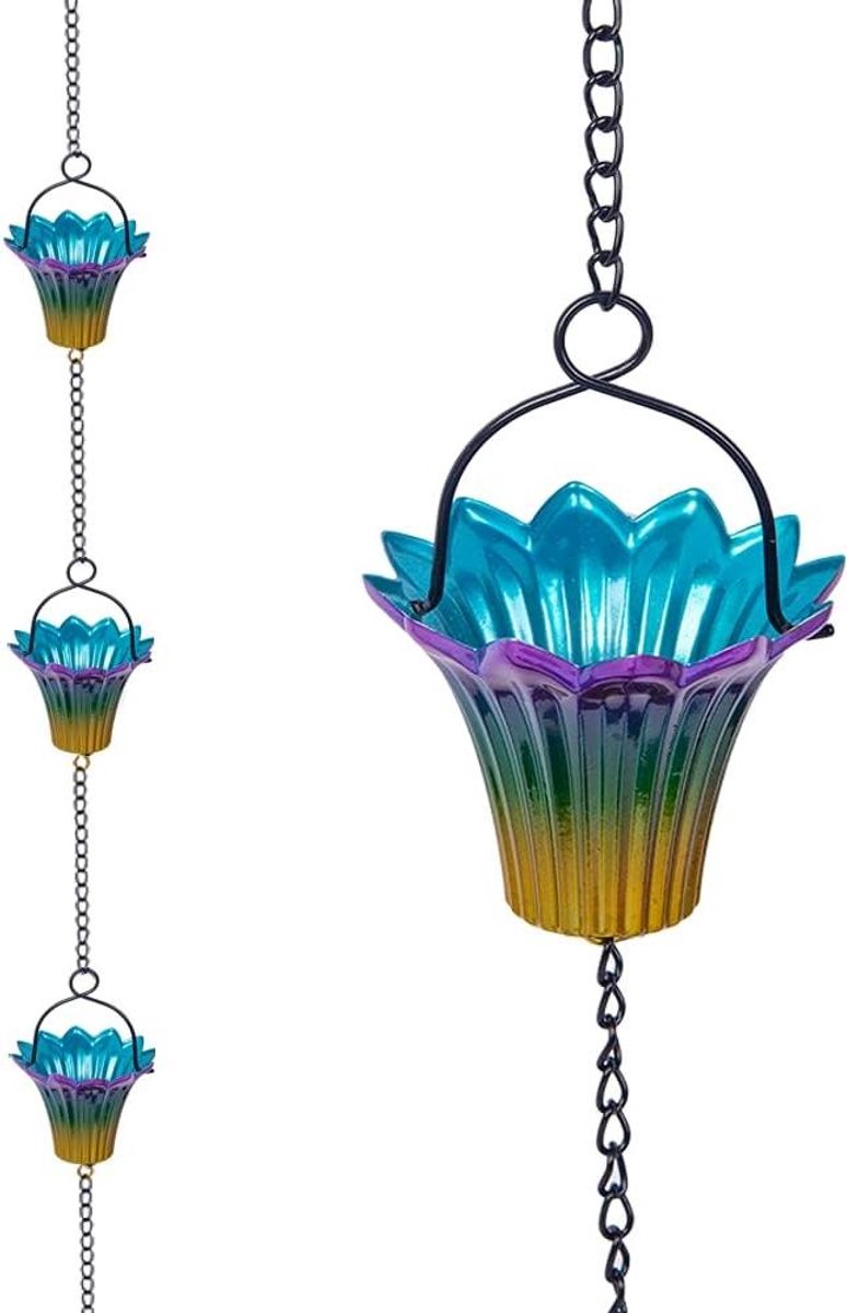 Regenketting met Bloemen - Waterafvoer Ketting Bloemen - Decoratieve Waterafvoer - 12 Handgemaakte Bloembekers - 3 Meter - Multicolor