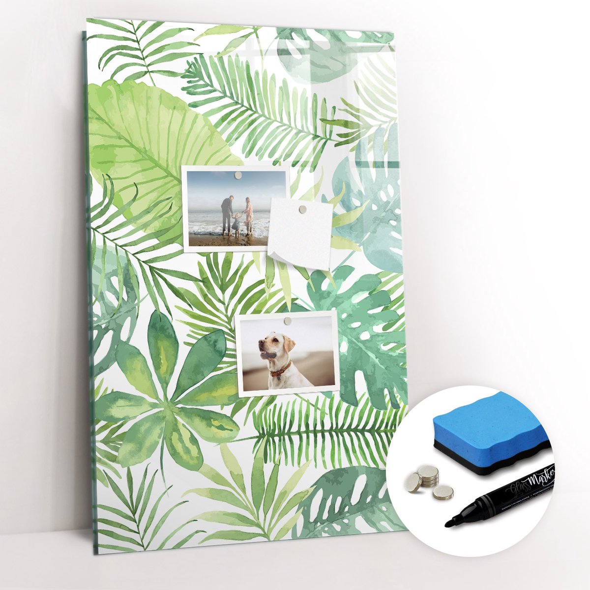 Tulup Whitebord - Aquarel bosbladeren - 40 x 60 cm - Groente Memobord Glas - Gratis 5 Sterke Magneten + Whiteboard Marker & Wisser - Decoratief Magnetisch Bord - Memobord Glas - Productiviteit Tools