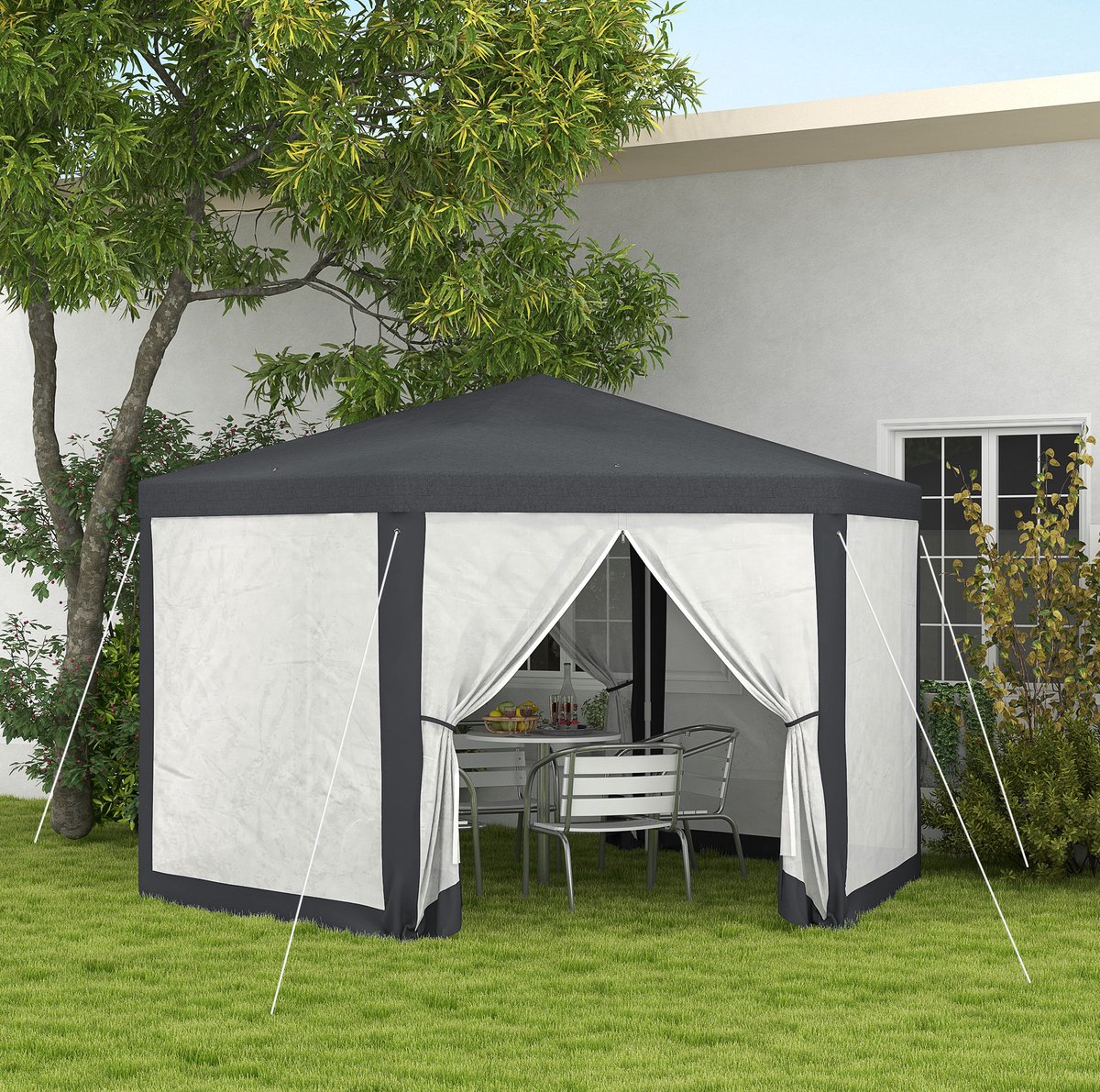 MEUNIQ paviljoen partytent 394 x 394 x 250 cm zeshoekig met polyester dak, metalen frame, netgordijnen met rits, voor tuin en terras, donkergrijs