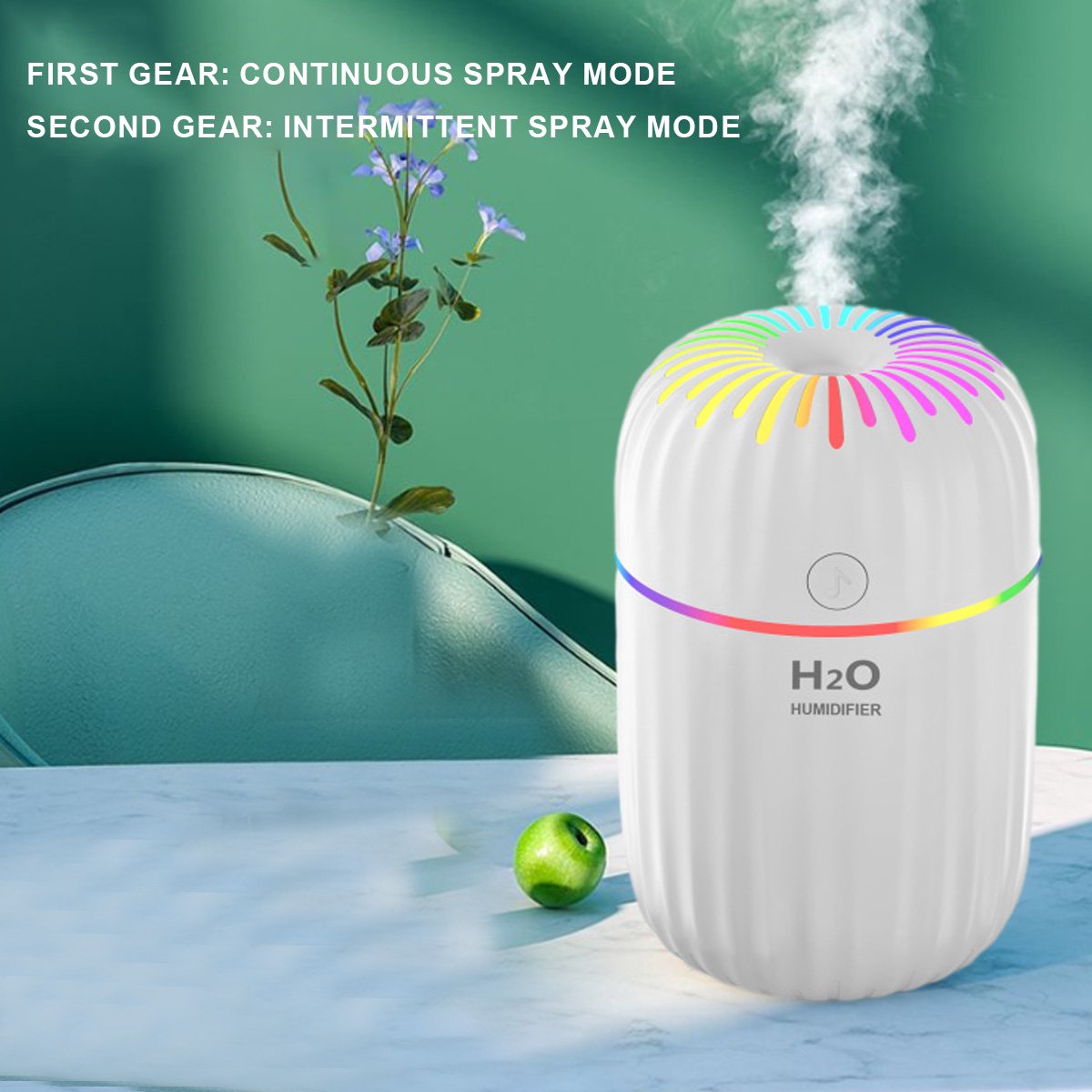 Schattige huisdierbevochtiger met twee sproeistanden, 300 ml watertank gaat tot 10 uur mee, 7 kleuren LED-verlichting, automatische uitschakeling bij gebrek aan water, voor slaapkamer, thuis en kantoor