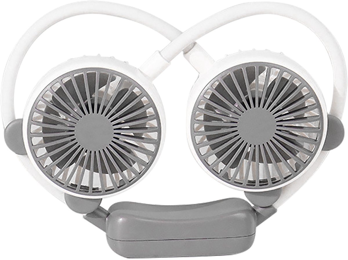 Witte draagbare nekventilator (USB-oplaadbaar), flexibel en handsfree; voor kantoor en op reis