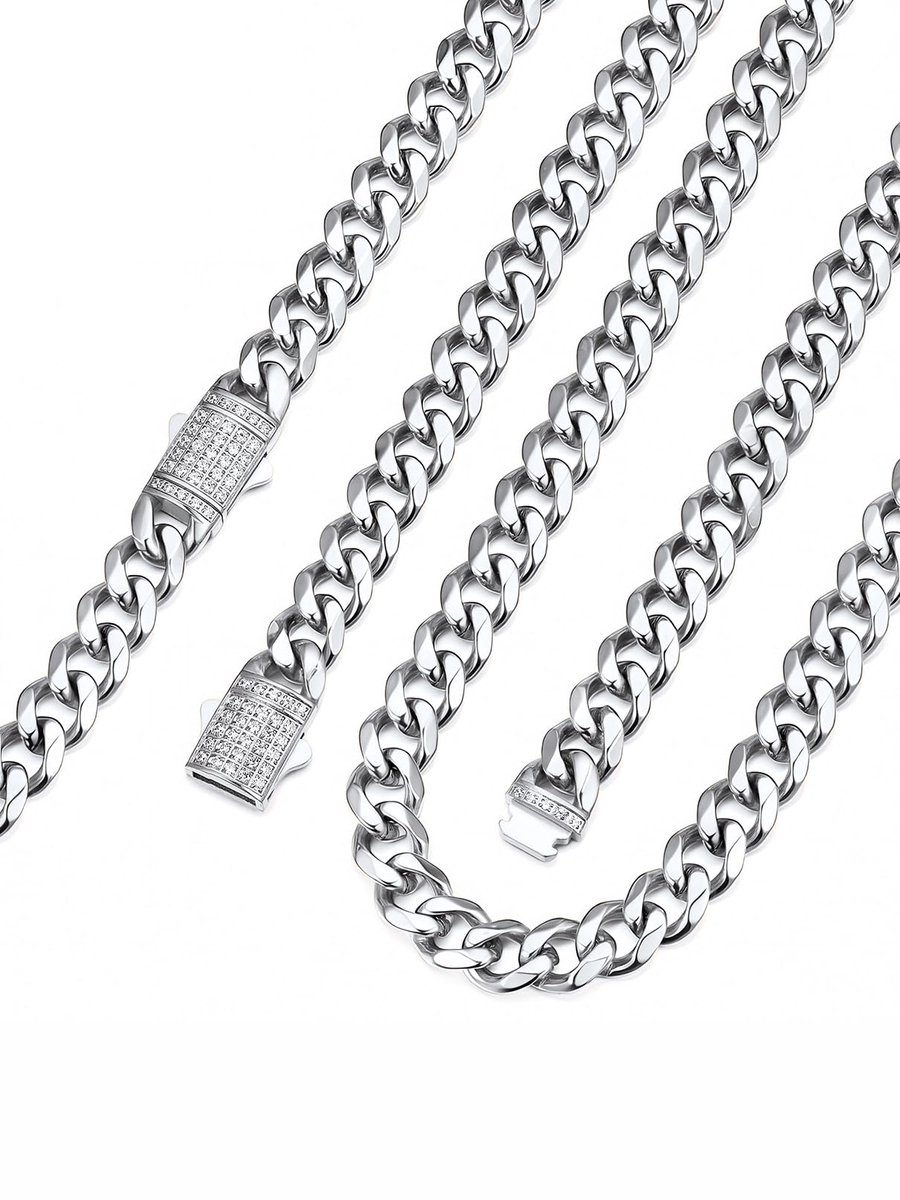 Halsketting voor heren, roestvrij staal, pantserketting, 6/9/12 mm breed, Cubaanse ketting, zilver/goud/zwart, schakelketting, hiphop-ketting met zirkoonsluiting, kettinglengte 46-76 cm