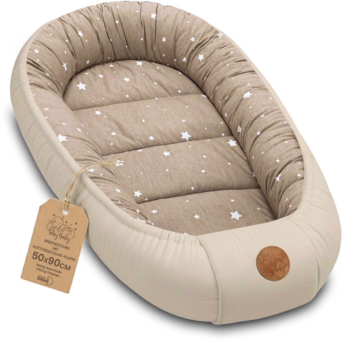 Zacht Nestje Pasgeborene – Knuffelnestje draagbaar comfortabel en behaaglijk voor Ledikant Kinderbed Wieg Babykamer en Onderweg – knus voor Jongen & Meisje 90x50 cm Beige met Witte Sterren