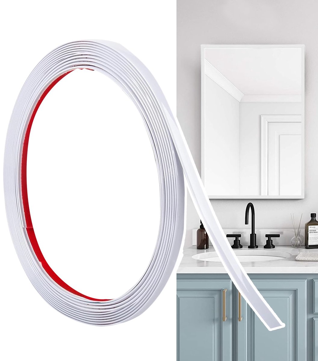 Zelfklevende Decoratieve Lijst, Flexibele PVC Sierstrip, Waterbestendige Wandstrip om te Plakken, Zonder Boren voor Muur, Spiegel, Plafond, Kast en Tegels (Mat Wit, 6M x 0.65cm)