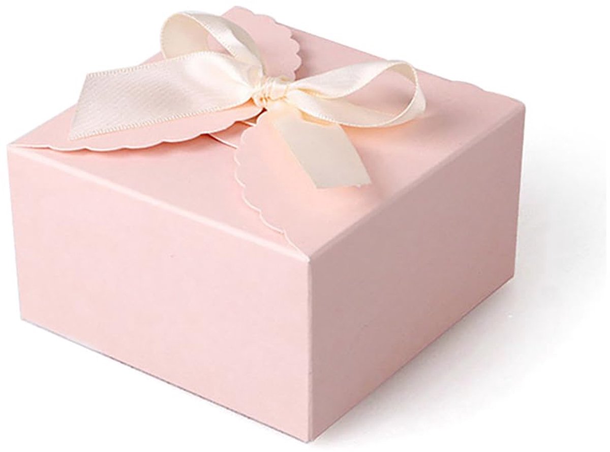 Geschenkdozen, vierkant, papieren doosjes, snoepgoed, karton, geschenkdozen met deksel en lint, geschenkdozen voor gastgeschenk, bruiloft, verjaardag, feest, 9 x 9 x 5 cm, roze