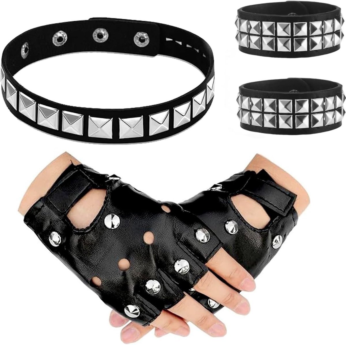 Punk Accessoires Set: Verstelbare Rivet Armband, Handschoenen en Kraag voor Gothic Kostuum, Zwart, One Size