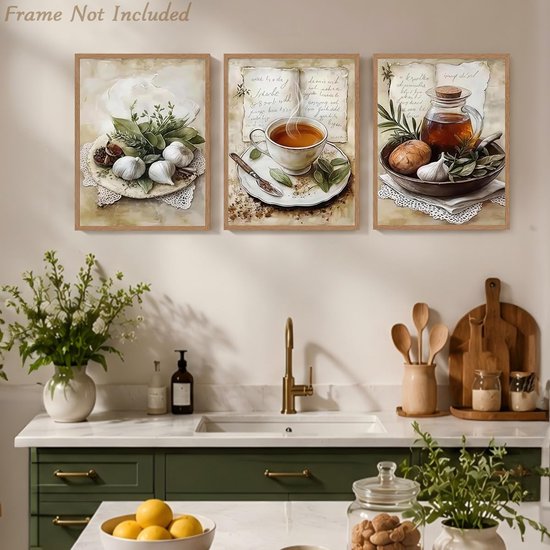 3-delig Vintage Rustieke Keuken Wandkunst, Knoflook Kruiden Thee & Boek Afbeeldingen voor Thuis Eetkamer Restaurant Decor 30x40 cm Niet Ingelijst — afbeelding 2