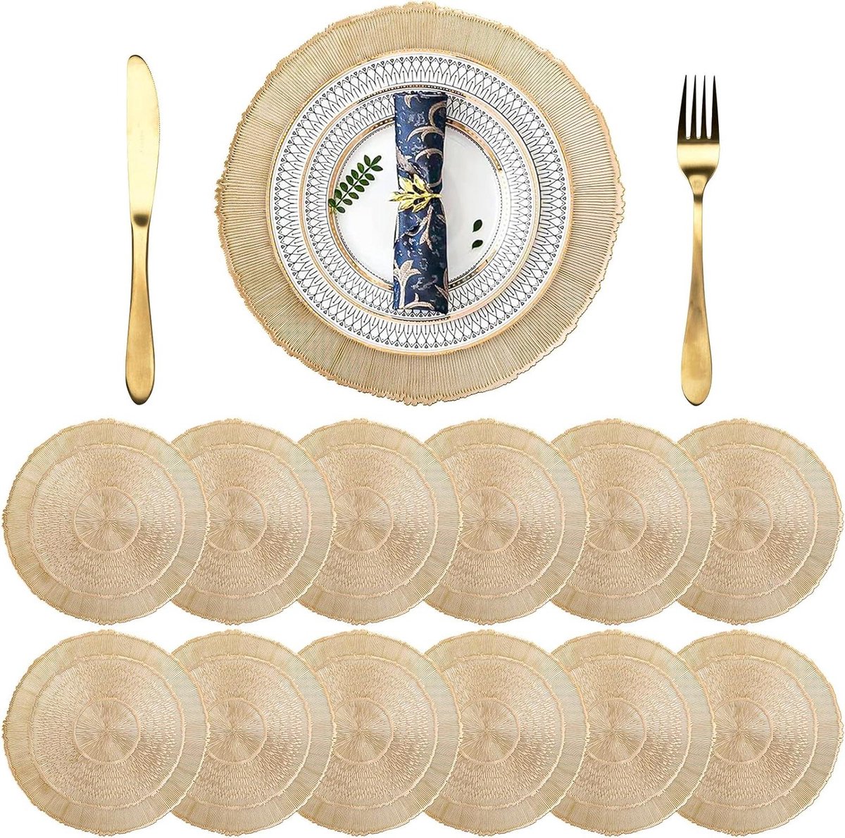 Placemats Set - Tafeldecoratie Matten - Eettafel Aankleden - Geperst Vinyl Design - 12 stuks 38 cm - Metallic Goud