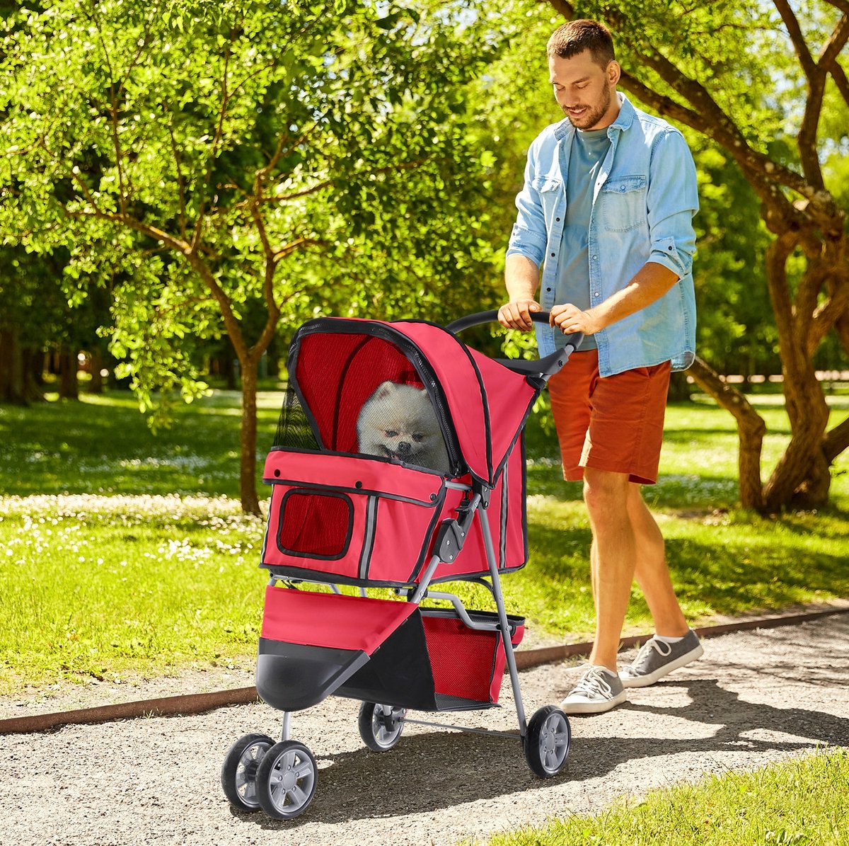MEUNIQ Hondenbuggy opvouwbaar 75 x 45 x 97 cm met rem, opbergmand en 2 bekerhouders, polyester dierenbuggy voor kleine honden en katten, rood