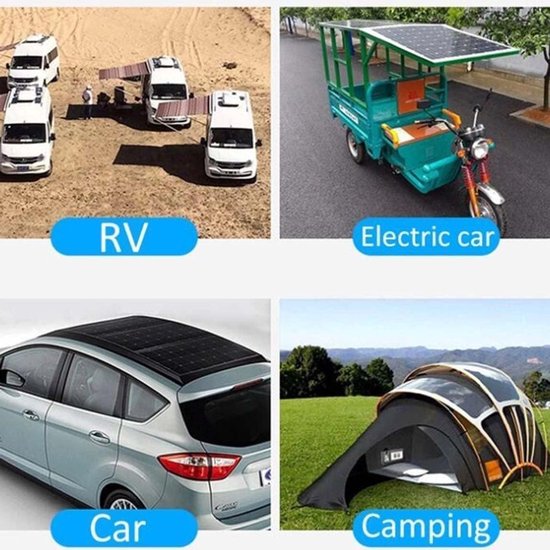 Collage van vier afbeeldingen: RV campers op een zanderige ondergrond, een driewieler met zonnepaneel, een auto met zonnepaneel op het dak, en een open klamboe tent.