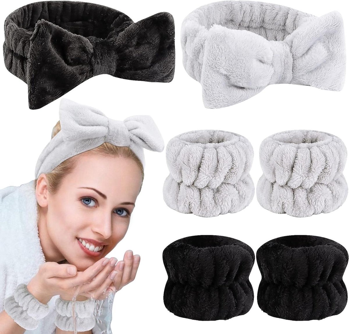 Spa Hoofdband Polsband Set - Gezichtswas Accessoires - Huidverzorging Thuis - Zachte Koraal Fleece - 6 Stuks - Wit
