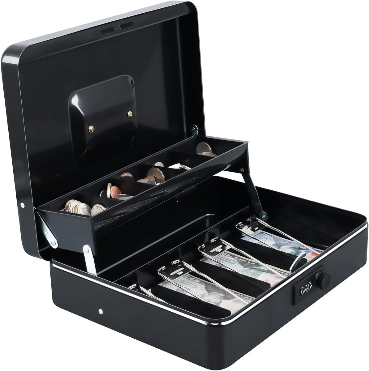 Geldkist met Combinatieslot - Kassalade Geldlade - Geld Opslaan - Gelaagd Vrijdragend Dienblad - 30 x 24 x 9 cm