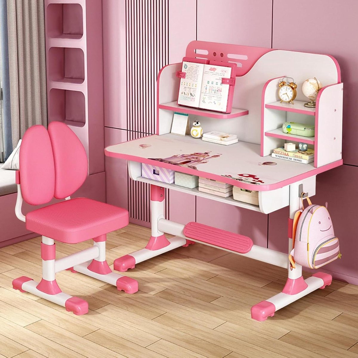 Kinderbureau met Stoel - Studeerset Kinderen - Leren en Lezen - In Hoogte Verstelbaar - 80 cm Breed - Roze