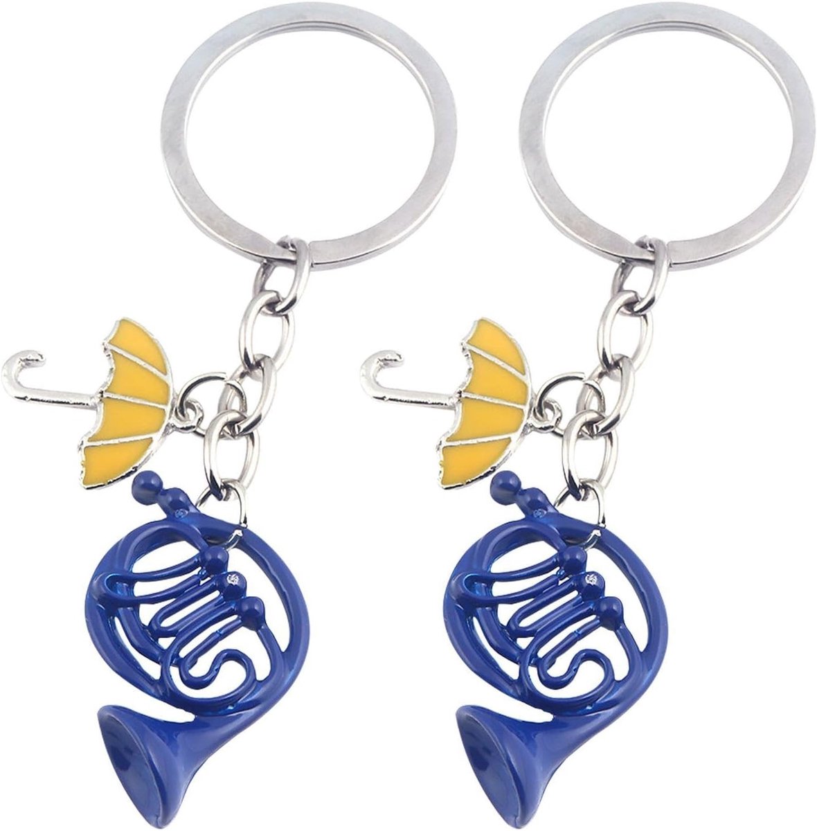 Retro Hoornvormige Sleutelhangers, Decoratieve Metalen Sleutelhangers, Creatieve Sleutelhangers voor Auto en Huis, Set van 2, Blauw/Geel