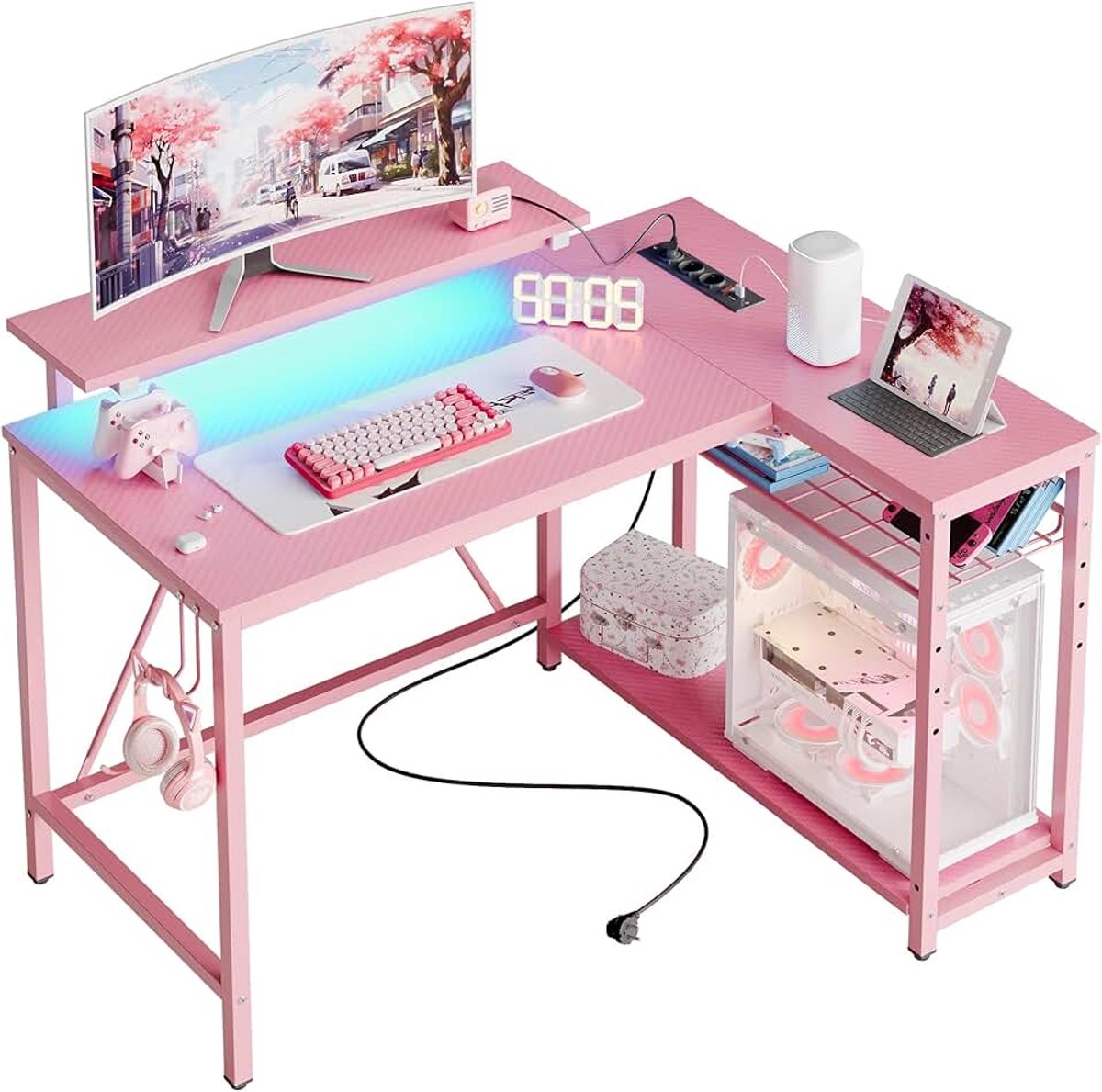 Bureau L-vormig hoekbureau PDCF, Hoekcomputertafel met Stalen Frame & Hoofdtelefoonhouder, PC-bureau voor Kantoor/Woonkamer/Slaapkamer | Ruimtebesparend L-Bureau met Monitorstandaar