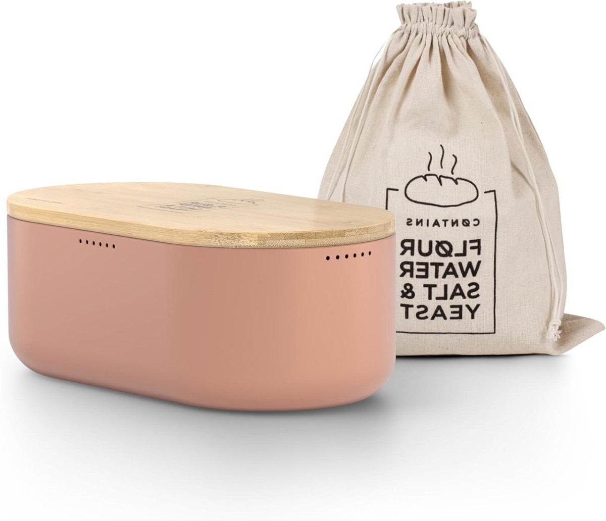 Broodtrommel Metaal - Brooddoos Opbergdoos - Brood Vers Houden - Met Bamboe Snijplank Deksel - 36x19x13 cm - Blush Rose