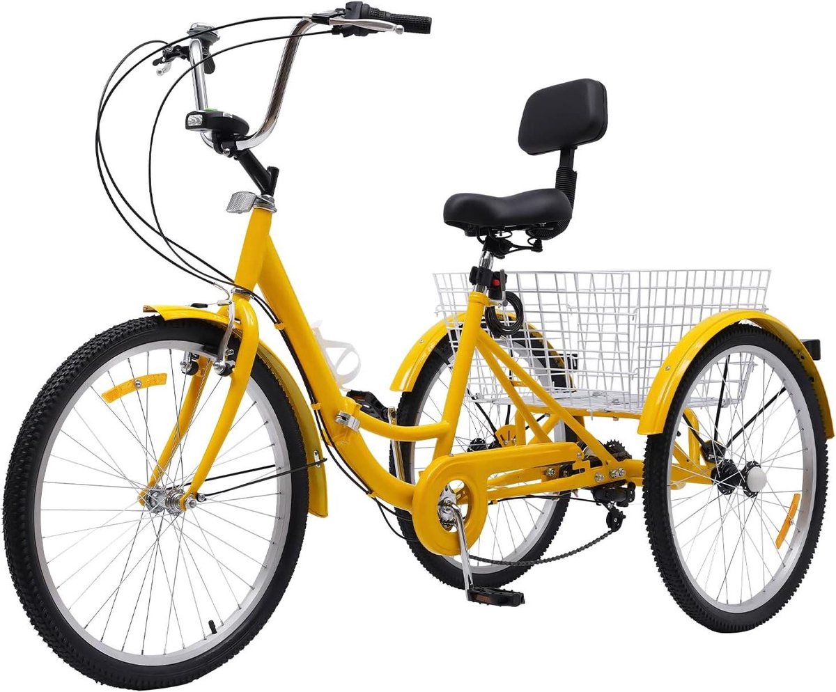 Driewieler voor Volwassenen - Driewiel Fiets - Boodschappen Doen - Met Mand en LED - 24 inch - Geel
