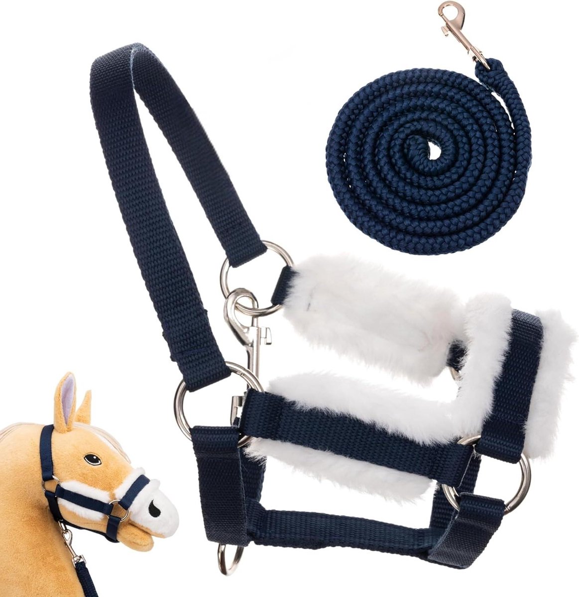 Hobby Paard Halster - Stokpaard Accessoires - Spel en Training - Zacht Gevoerd - Set van Halster en Touw - Blauw