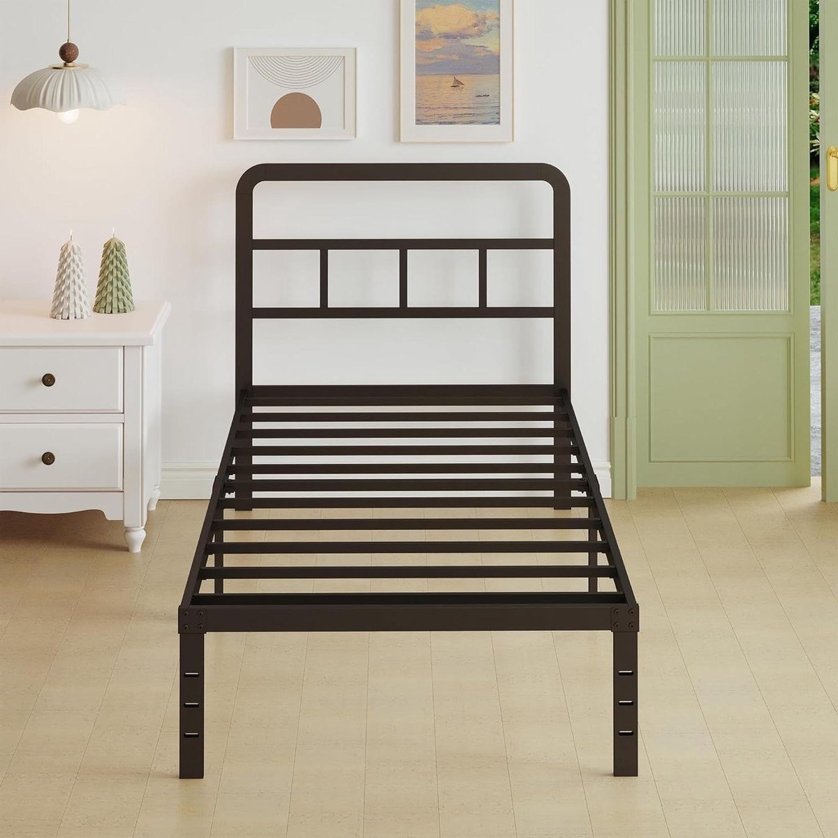 Metalen Bedframe - Bed Frame Metaal - Slaapkamer Inrichten - Gebogen Hoofdbord - 75x190 cm - Zwart