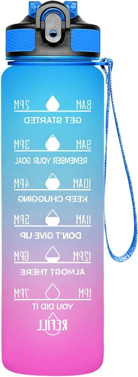 Sport Waterfles - Drinkfles Gym - Hydrateren Onderweg - Met Tijdmarkering - 947 ml - Mat Zwart