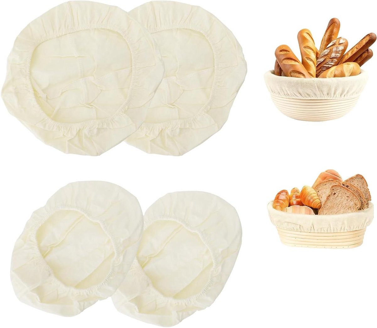 Linnen Brood Doeken - Deegdoek Rijsmand - Brood Bakken - Natuurlijk Katoenlinnen - 2x 25cm Rond 2x 25x15cm Ovaal - Beige