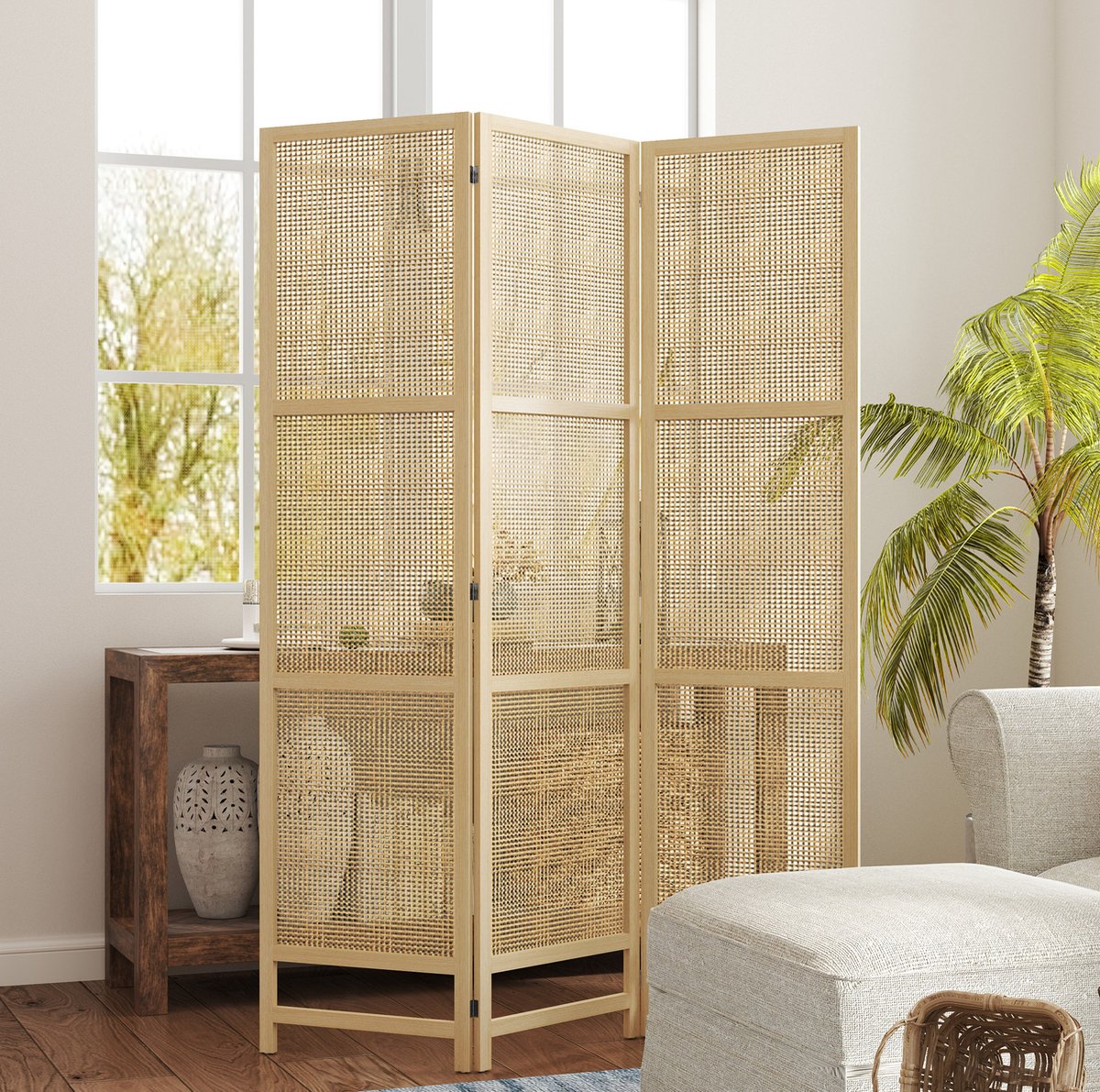MEUNIQ Kamerscherm 135 x 180 cm 3-delig inklapbaar paravent met grenenhouten frame en gevlochten panelen voor woonkamer slaapkamer of kantoor Naturel