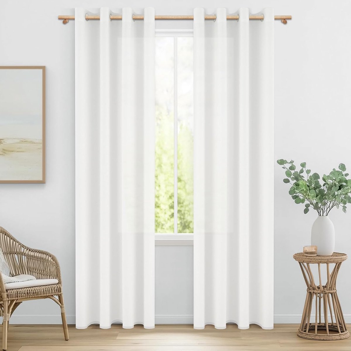 Gordijn Wit met inslagringen Linnenlook Half-transparant Voile Gordijnen Woonkamer Modern Wit Gordijn met ringen 2-delige set, Gordijnen Slaapkamer 200 cm Lang 140 cm Breed, Gordijnen