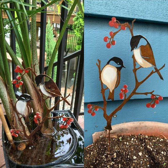 tuinsteker, 60 cm hoog, beschilderde vogel, tuindecoratie voor buiten, metalen meisen en bessen, outdoor tuinfiguren — afbeelding 4