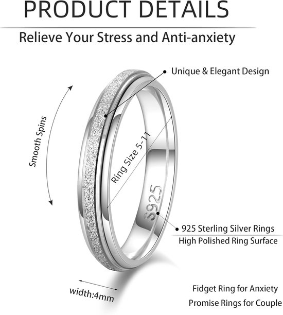 925 sterling zilver, anti-angst, spinner-ring, fidget band, ring voor stress en angstverlichting voor dames en heren, anti-stress ring, angst ring, zandstraal, ruiten — afbeelding 4
