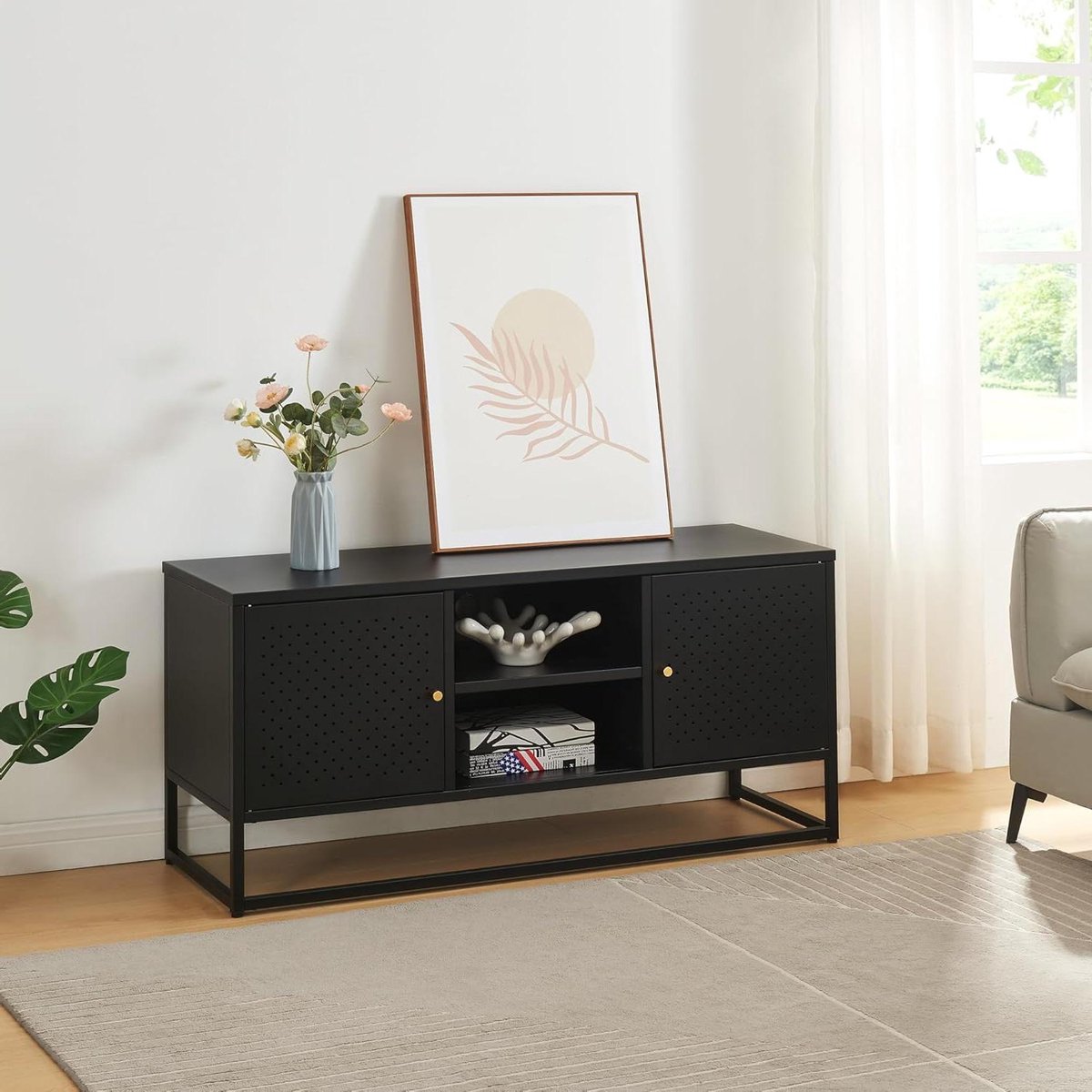 TV meubel staal - Lowboard kast commode - Opbergen media-apparaten - Met 2 deuren - 120x40x55 cm - Zwart