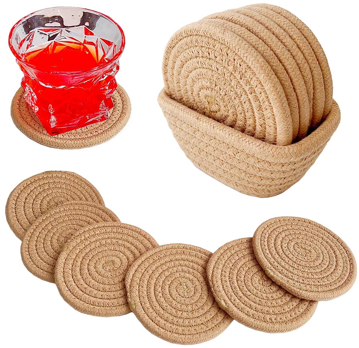 carmdering - Onderzetters - Katoenen Onderzetters - Drankonderzetter - 6 stuks, handgeweven, katoen/linnen, hittebestendig, absorberend - Voor tafel & bureau - Inclusief opbergmandje