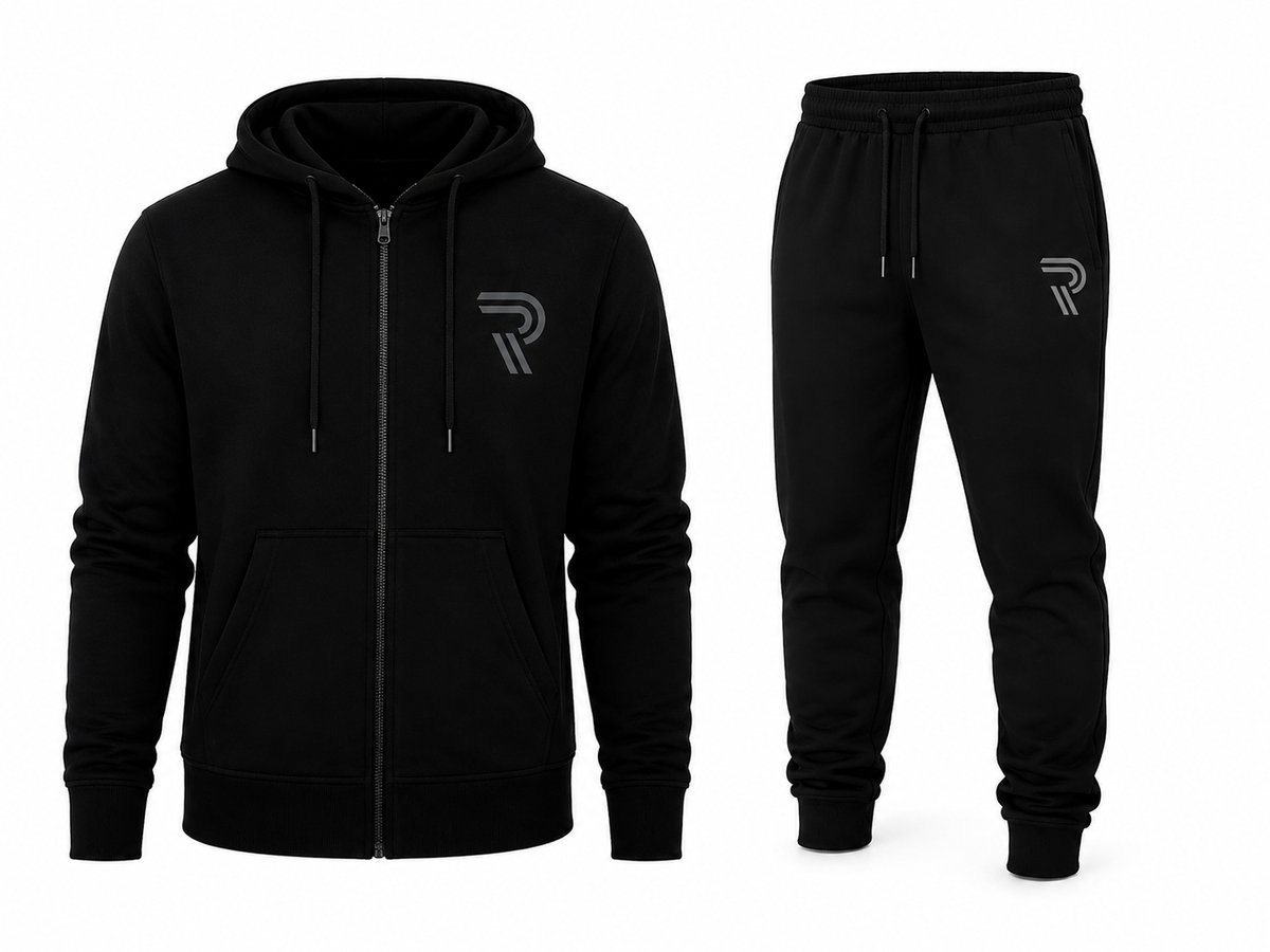 Modieuze Zwarte Heren Joggingpak met Ritssluiting en Comfortabele Elastische Tailleband - 70% Katoen-Zwart-XXL